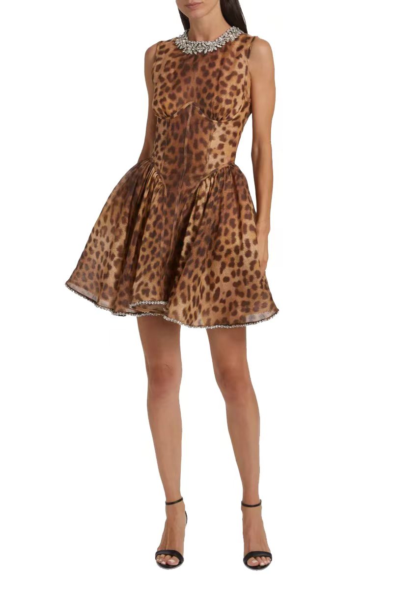 Leopard Print Round Neck Rhinestone Dress