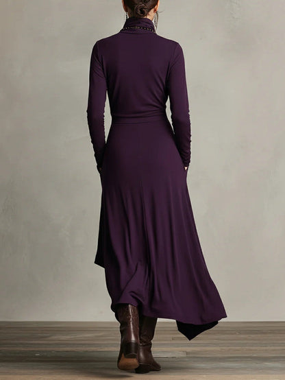 Purple High-neck Asymmetrical Pleated Maxi Dress