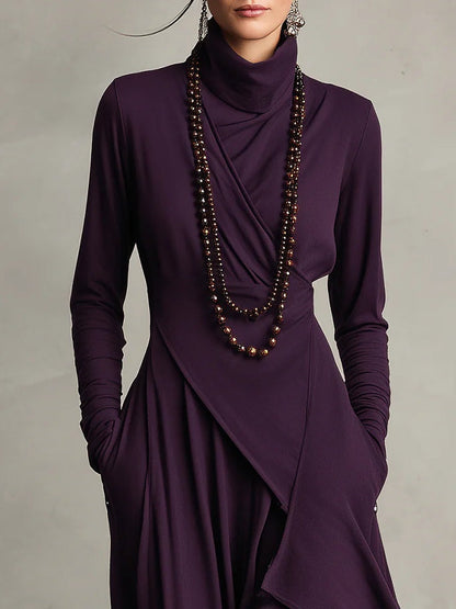 Purple High-neck Asymmetrical Pleated Maxi Dress
